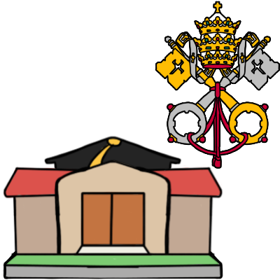 A school building with a mortarboard (graduation cap) behind it.  Above and to the right of the building is the Papal seal.